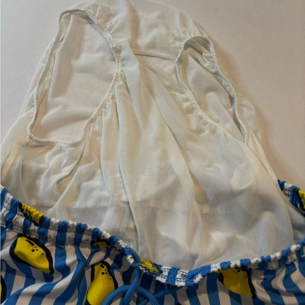 Men's Mr.‎ Swim blue white stripe Lemons swim suit. SZ L. Lined drawstring beach